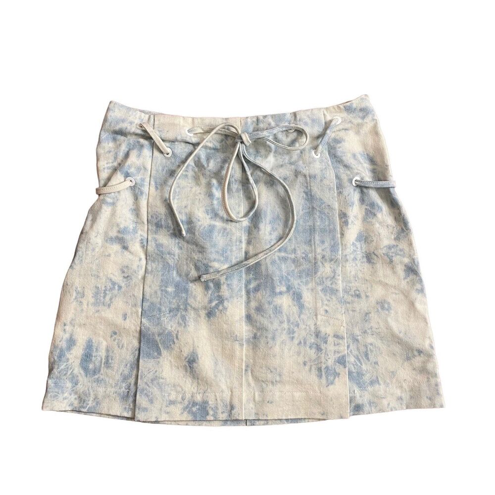 THAKOON 0 Skirt Mini Acid Wash Tie Belt Short White Blue Pleated